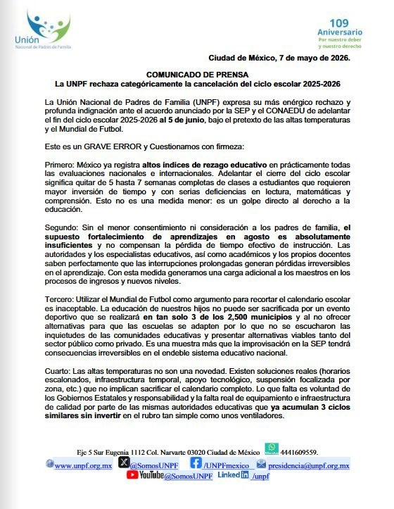A través de un comunicado señaló que esta decisión es un grave error, pues México presenta altos índices de rezago educativo, además de que ante las altas temperaturas se pueden dar otras soluciones como cambios de horarios.