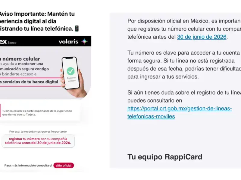 Notificaciones de los bancos RappiCard e inbex sobre el registro de la línea que se debe hacer en México.