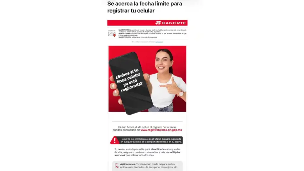Mail de Banorte sobre el registro telefónico.