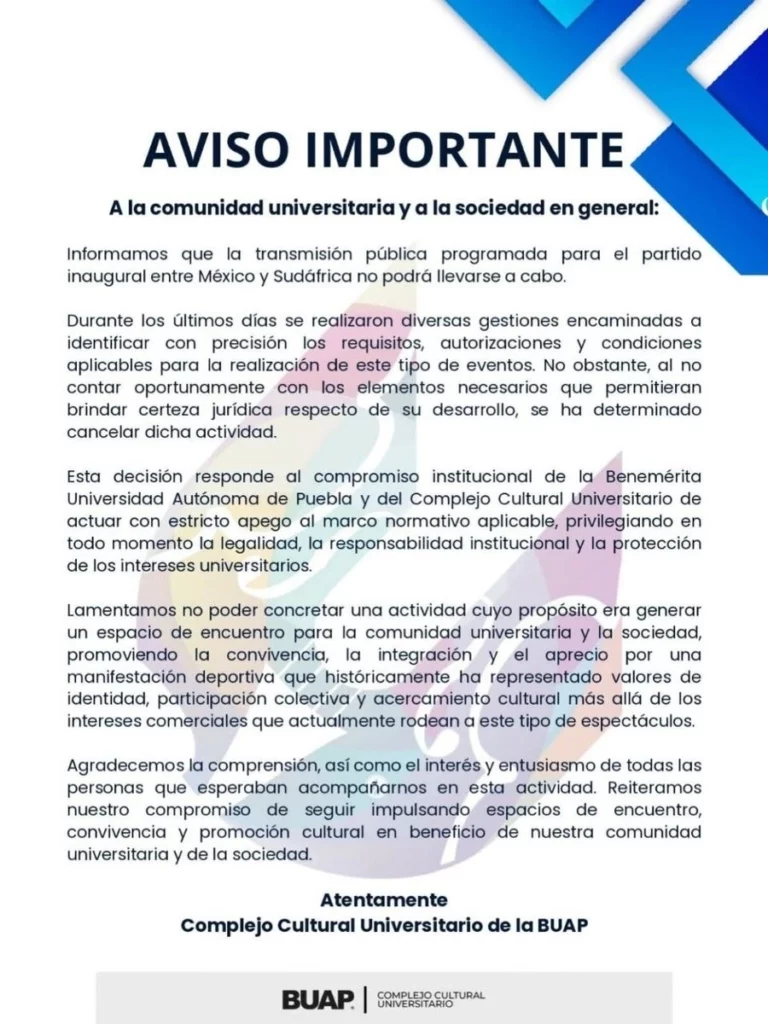 El CCU de la BUAP no logró el permiso para a transmisión del partido de México vs Sudáfrica.