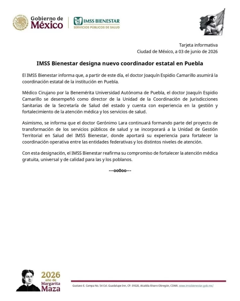 Gerónimo Lara Gálvez deja el IMSS-Bienestar de Puebla.