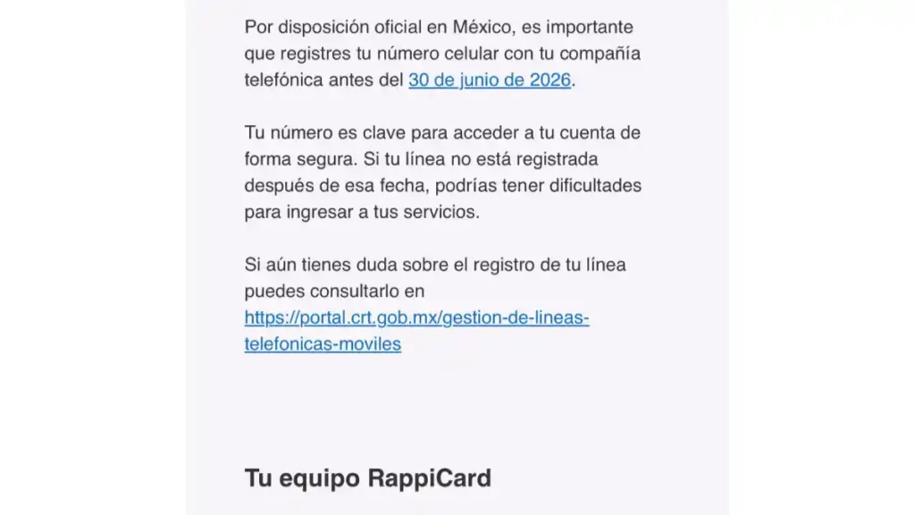 Mensaje que les llegó a los clientes de RappiCard sobre el registro de la línea en México.