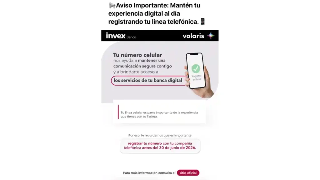 Notificación de Invex Banco sobre el registro telefónico.