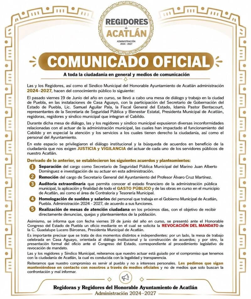Ahora sí, el Congreso de Puebla recibió la solicitud de destitución de Lupita Bárcenas, alcaldesa de Acatlán