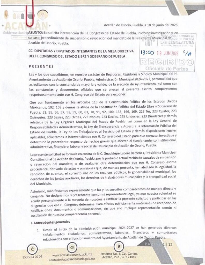 Fue el 19 de julio, cuando el Congreso de Puebla recibió la solicitud de destitución de Lupita Bárcenas.