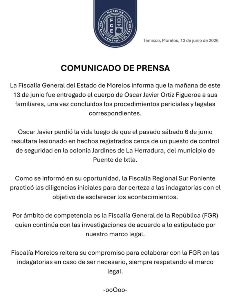 El estudiante Upaep asesinado fue baleado en un retén, indicó la Fiscalía de Morelos.