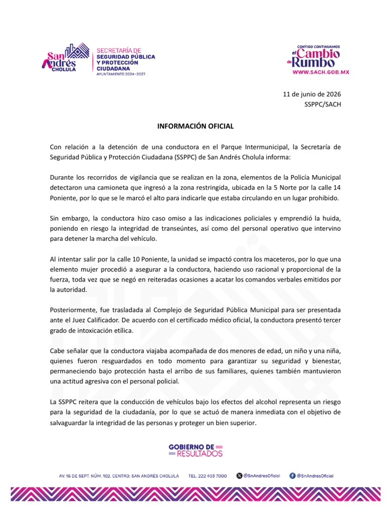 La Secretaría de Seguridad de San Andrés Cholula indicó que la detención de una mamá, frente a sus hijos, se debió a que conducía borracha.