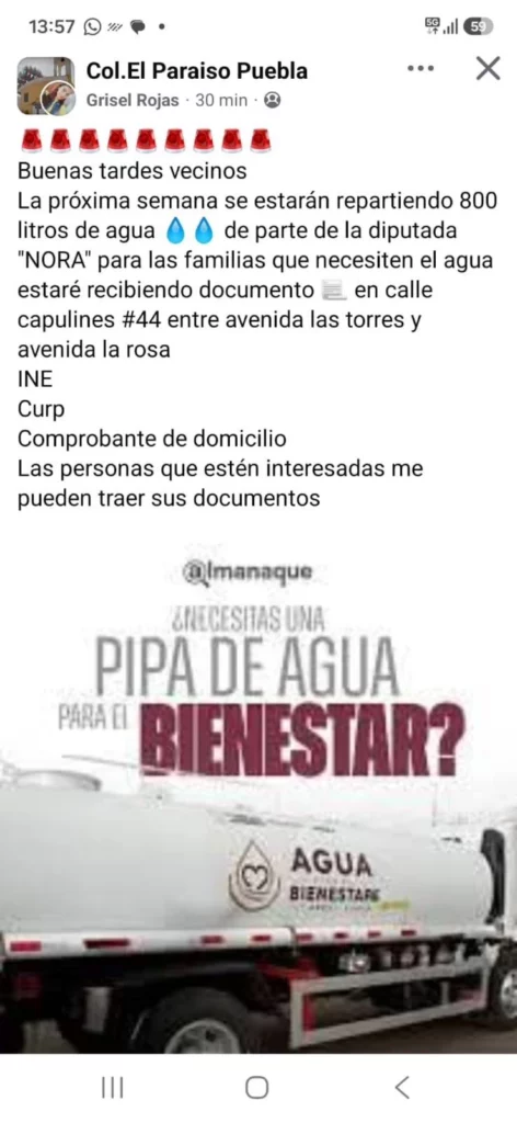 La diputada federal por el PT, Nora Merino Escamilla es señalada por promover su nombre de cara al proceso electoral del 2027 haciendo uso del programa “Pipas de Agua para el Bienestar” del gobernador Alejandro Armenta.