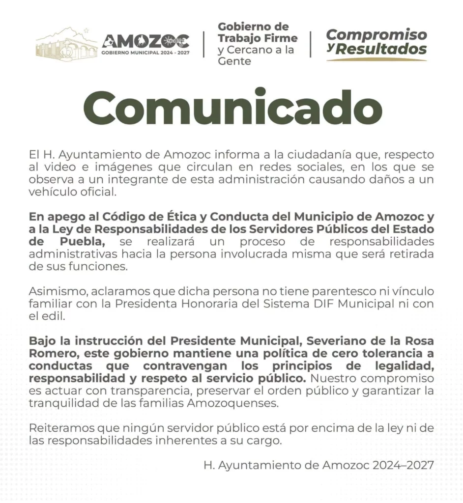El Ayuntamiento de Amozoc informó que el trabajador que fue exhibido en un video por intentar abrir un vehículo oficial con una silla, aparentemente bajo los influjos el alcohol, será separado de su cargo.