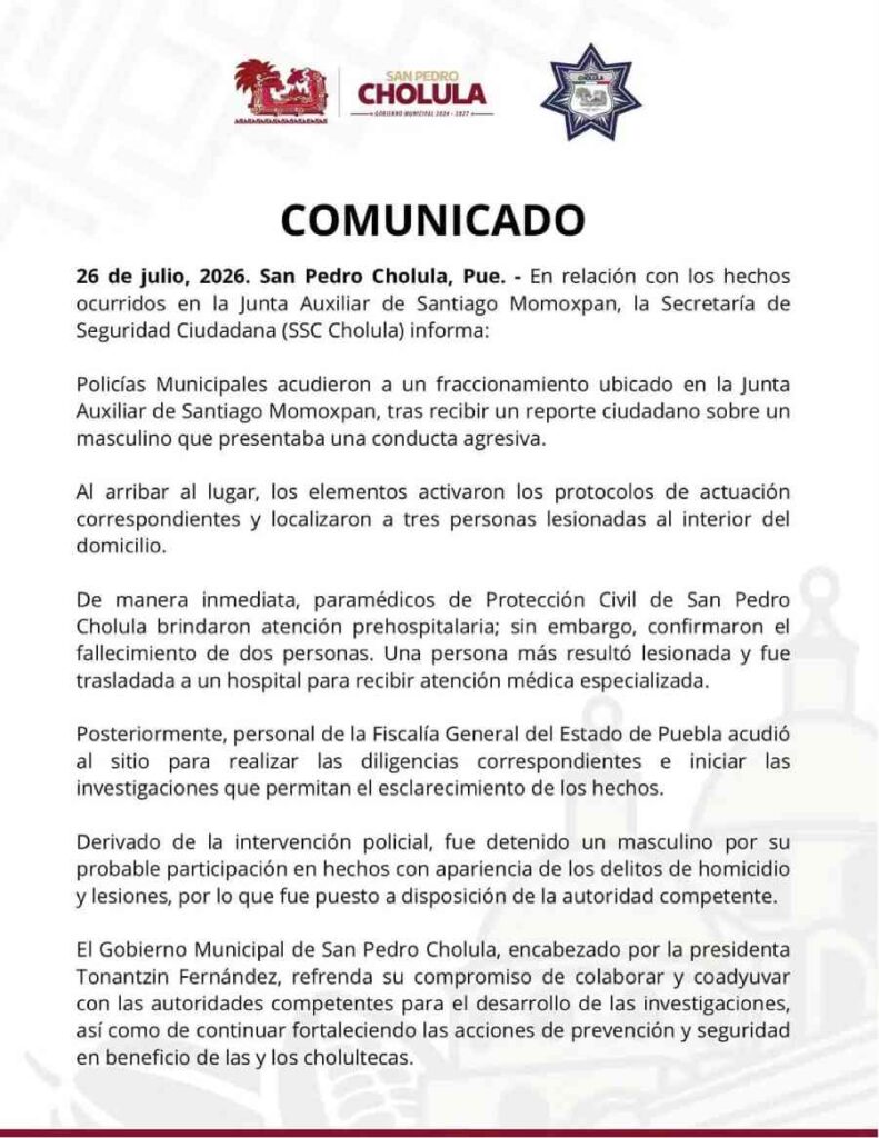La SSC de Cholula Informa sobre la detención de Ángel R. presunto responsable sobre el fallecimiento de dos personas y una más lesionada.