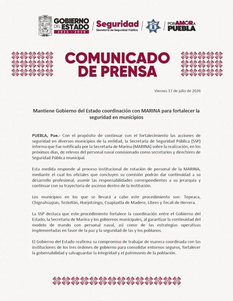 Mediante un comunicado de prensa, la SSP indicó que la Marina designará a siete nuevos secretarios de Seguridad en Puebla.