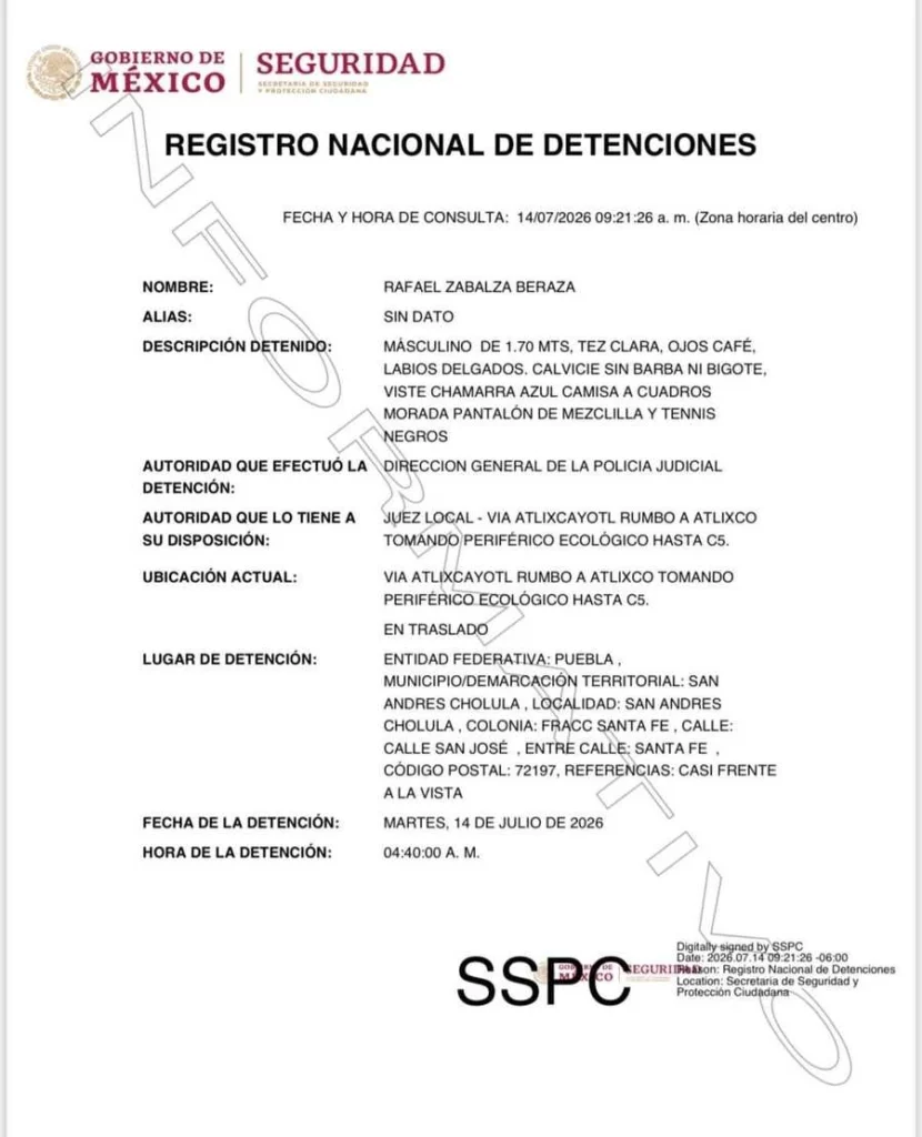 Rafael, el español identificado como el tirador de la Atlixcáyotl, fue detenido a las 4:40 horas de este 14 de julio.