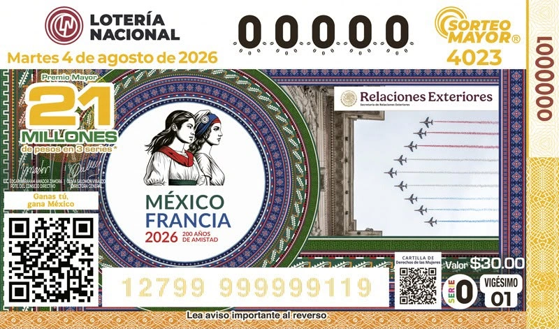 En el marco del bicentenario de las relaciones diplomáticas México-Francia se presentó un billete de Sorteo Mayor de Lotería Nacional.