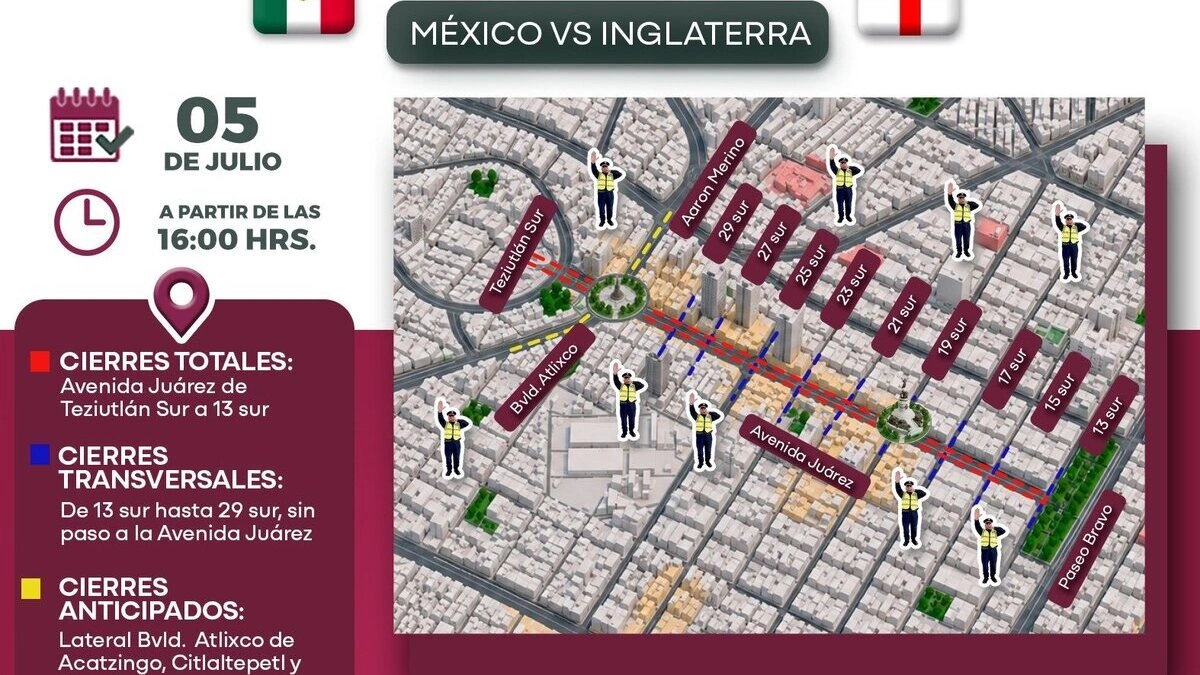 Habrá cierres viales en la Avenida Juárez por el México vs Inglaterra